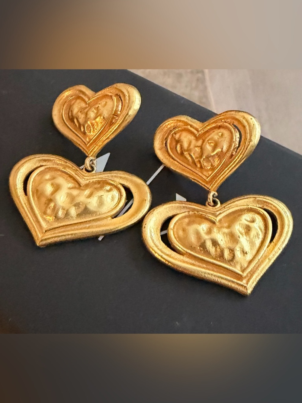 Gold Plated Heart Drop Earrings - Women's Statement Jewelry - Picture 2 of 5